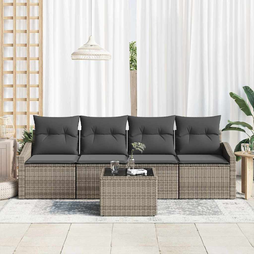 vidaXL 5-delige tuinset met kussens grijs poly rattan