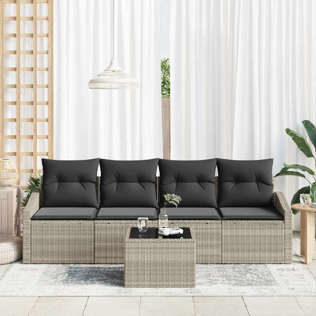vidaXL 5-delige tuinset met kussens in lichtgrijs poly rattan