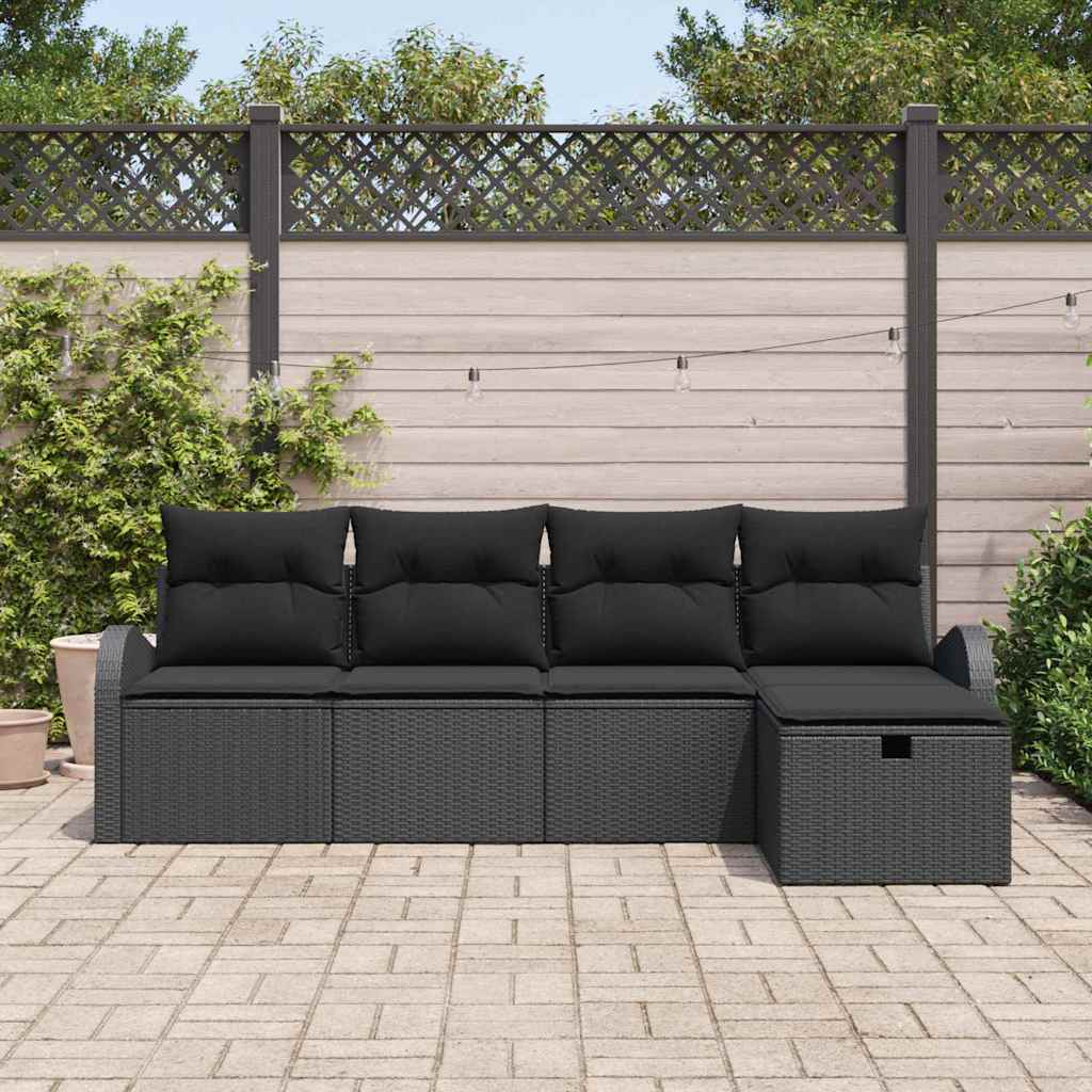 vidaXL 5-delige Tuinbankenset met kussens poly rattan zwart