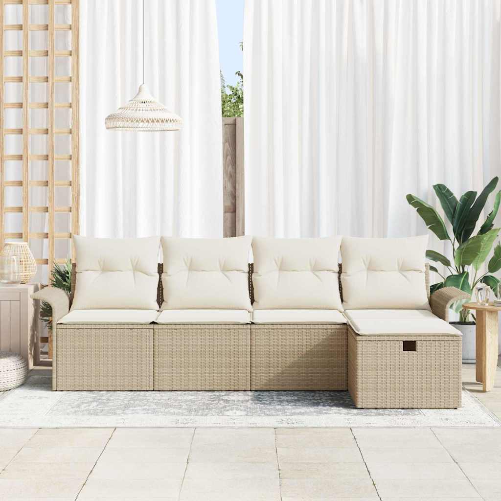 vidaXL 5-delige Tuinbankenset met kussens poly rattan beige