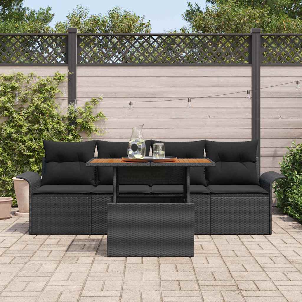 vidaXL 5-delige tuinsofa set met kussens in zwart poly riet en acacia