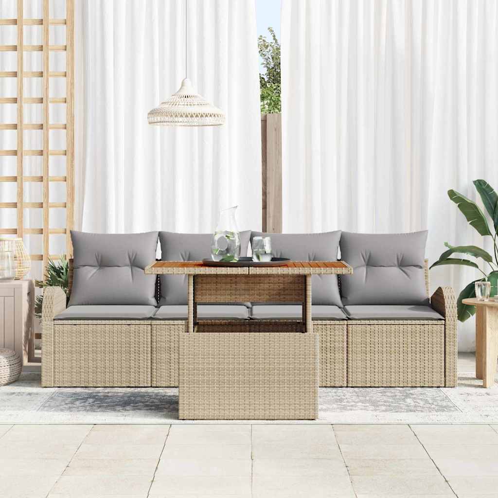 vidaXL 5-delige tuinset met kussens in het beige van poly rattan en acacia