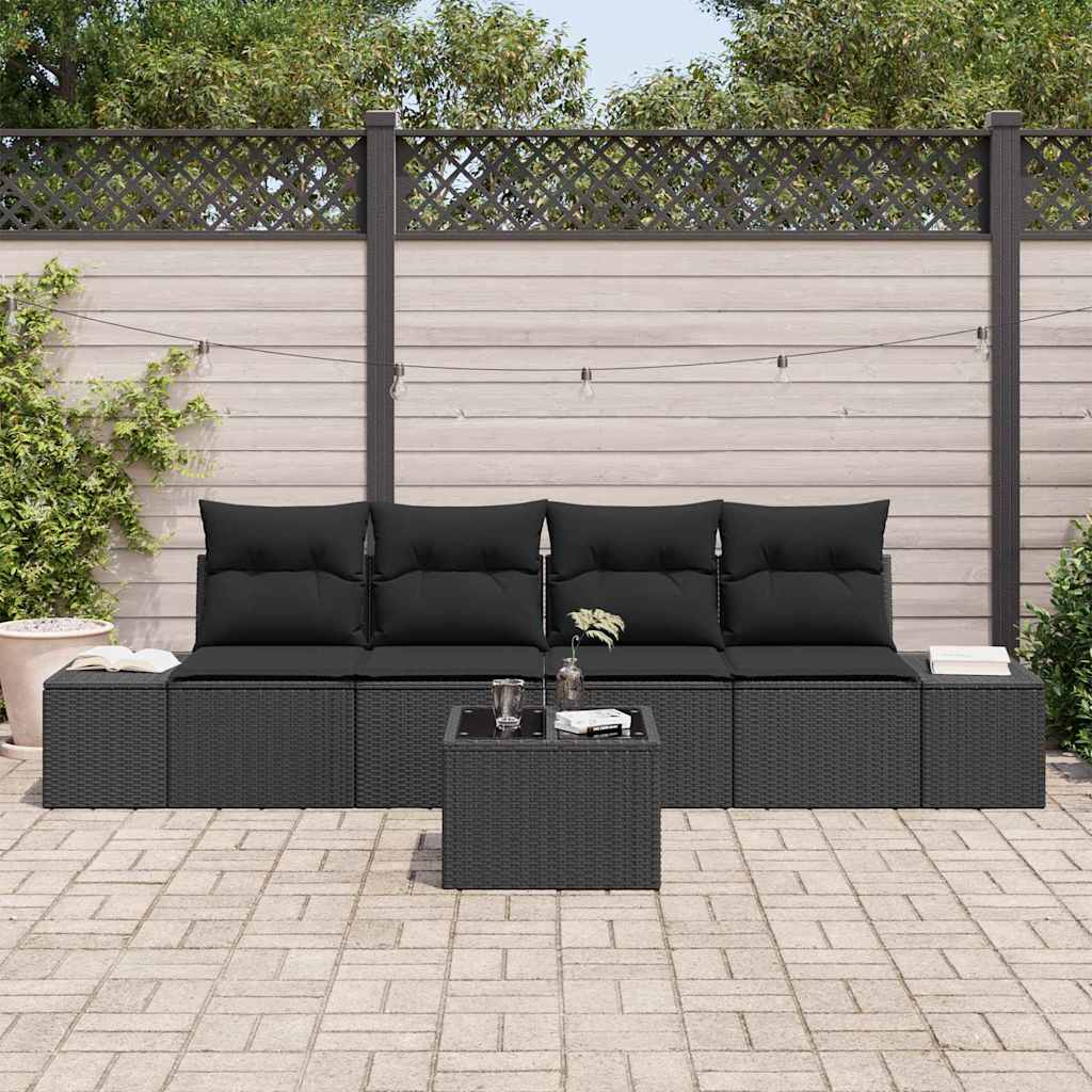 vidaXL 5-delige tuinsofa set met kussens van zwart poly riet