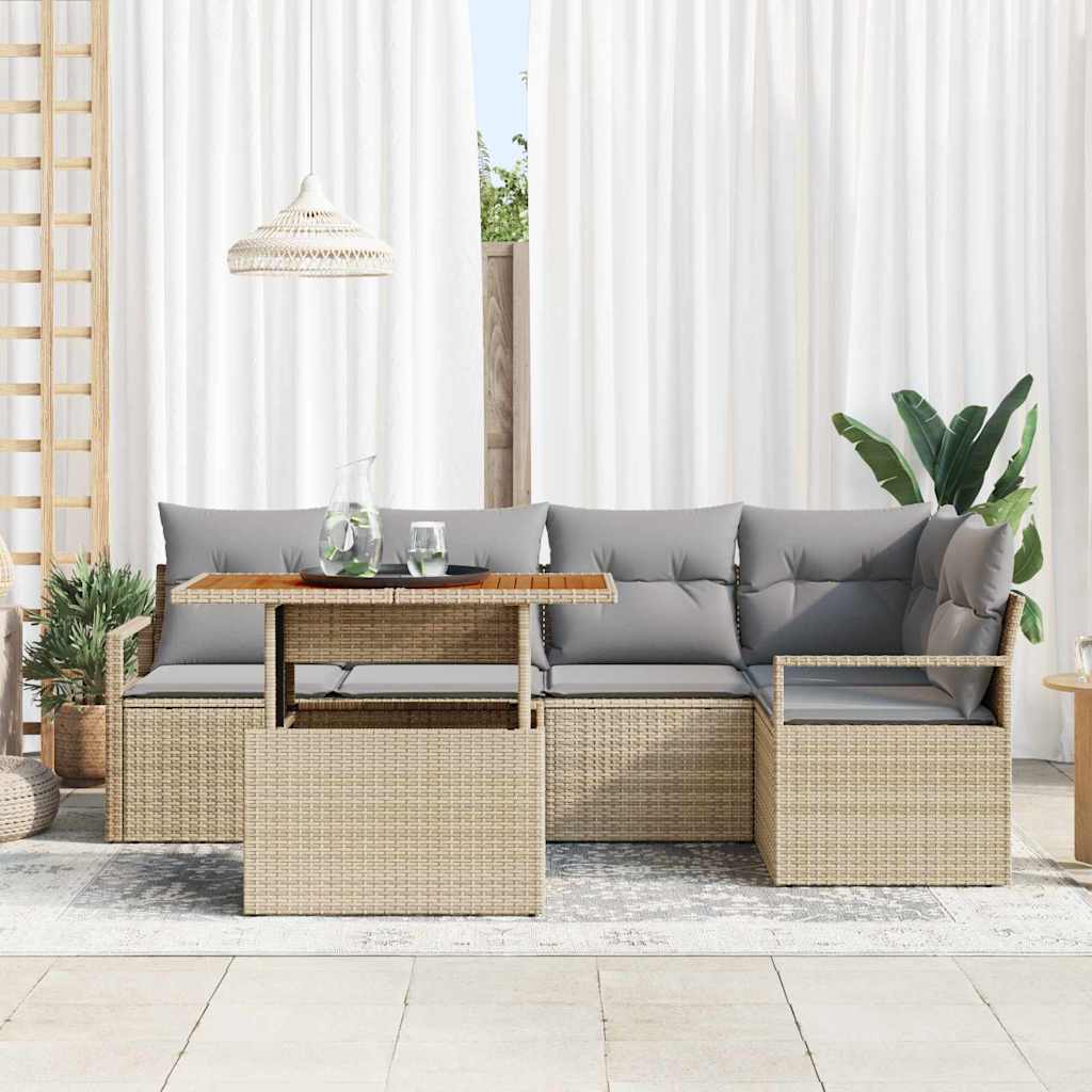 vidaXL 6-delige tuinset met kussens in Beige poly riet