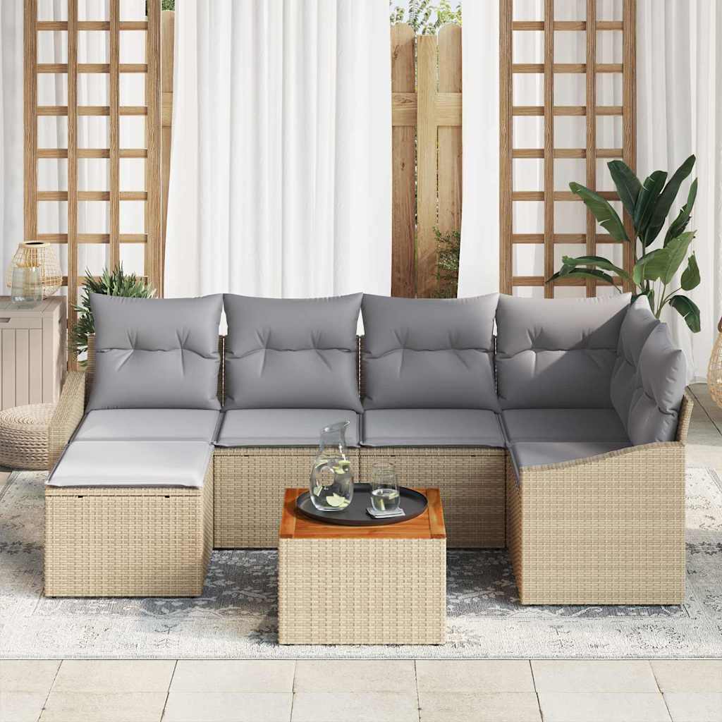 vidaXL 7-delige tuinbankset met kussens in beige van poly rattan en acacia