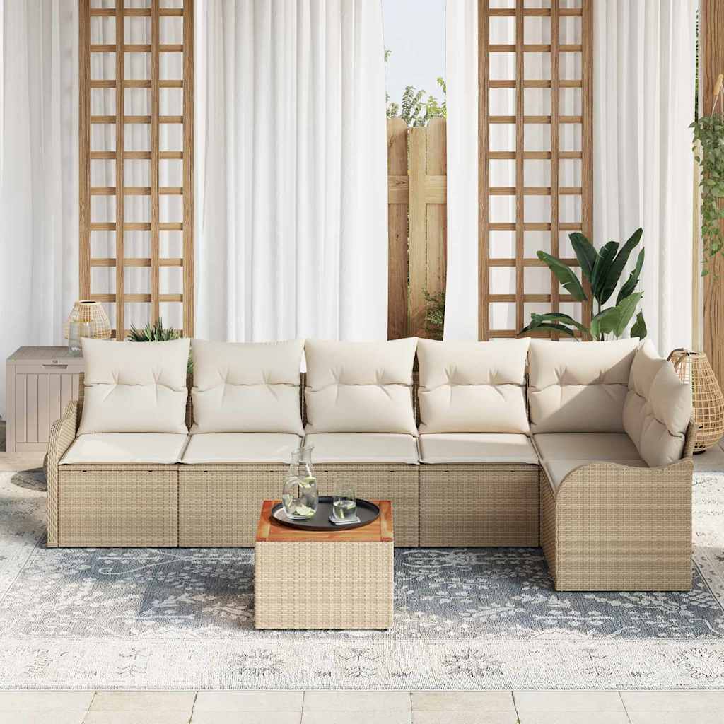 vidaXL 7-delige tuinsofa set met kussens, beige poly riet en acacia