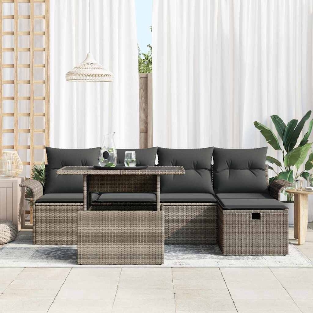 vidaXL 6-delige Tuinsalonset met Kussens Grijs Poly Rattan