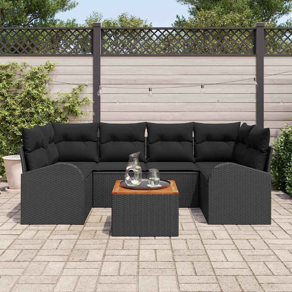 vidaXL 7-delige tuinset met kussens zwart poly rattan en acaciahout