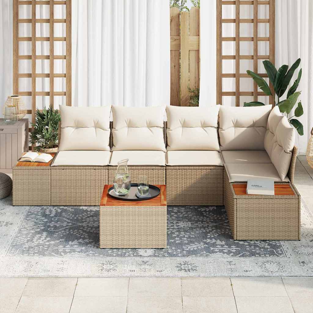 vidaXL 6-delige tuinbankset met kussens in beige poly rattan en acacia