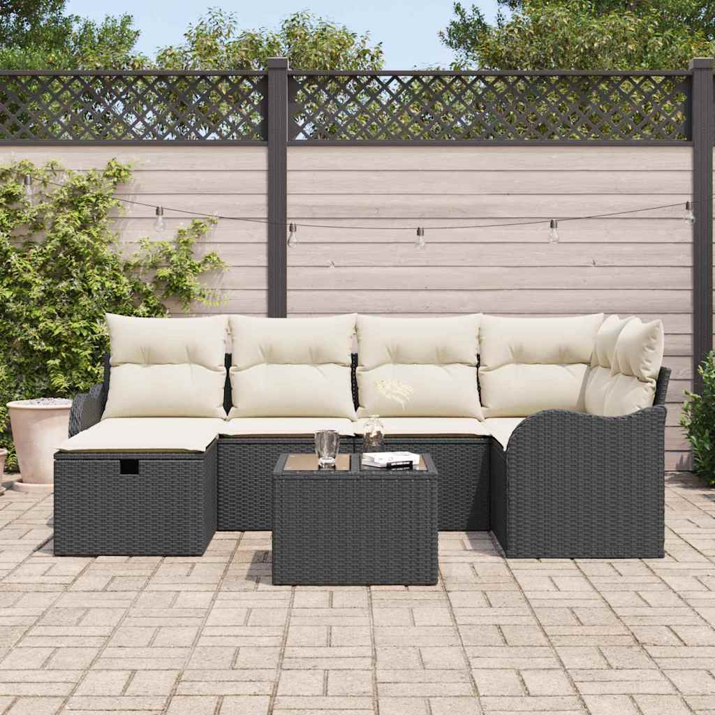 vidaXL 7-delige Tuinbank Set met Kussens Zwart Poly Rattan