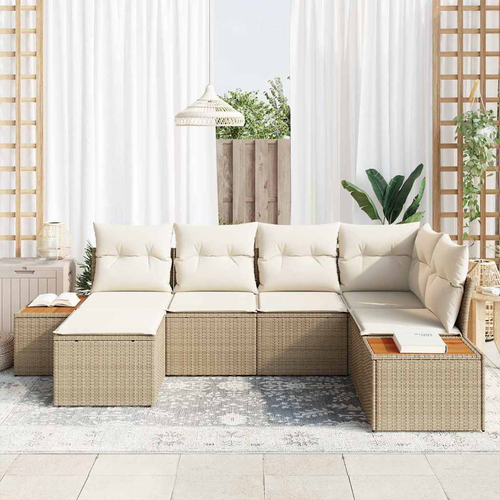 vidaXL 6-delige ligbedset met kussens in beige poly rattan en acacia