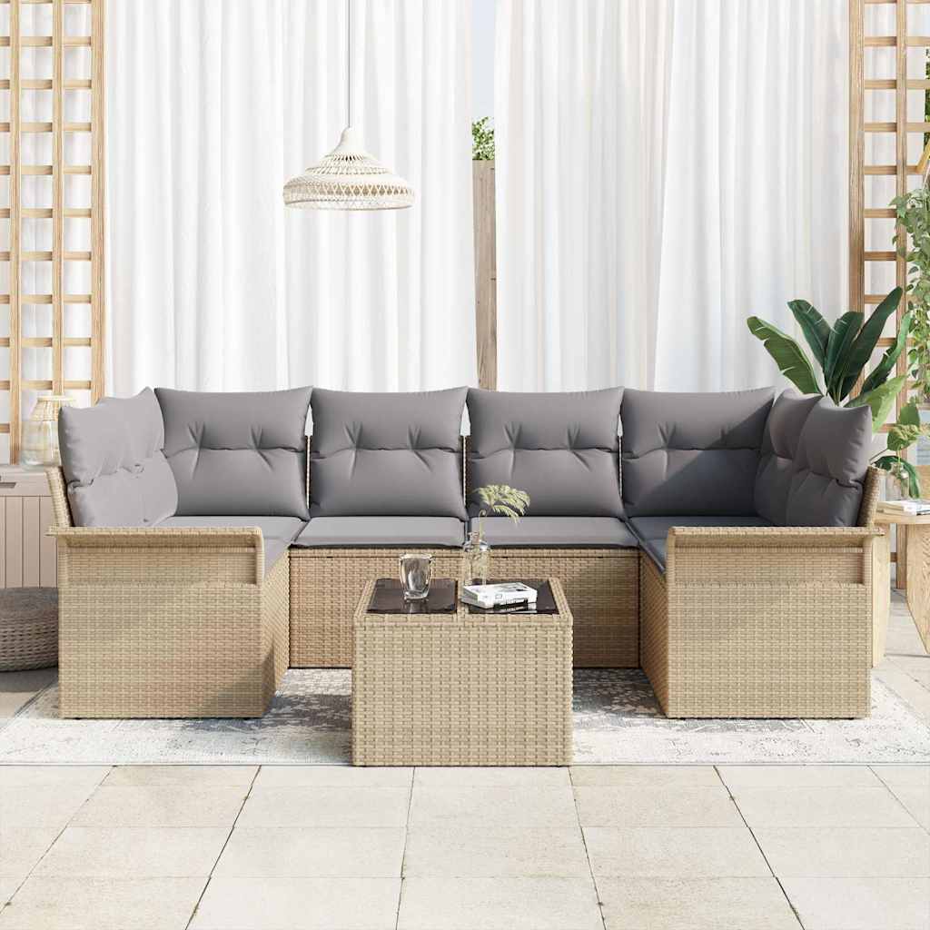 vidaXL 7-delige tuinsofa-set met kussens in beige poly rattan