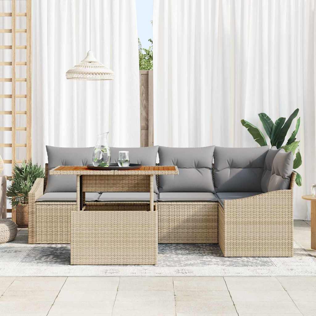 vidaXL Tuinbank Set met 6 Delen en Kussens – Beige Poly Rattan