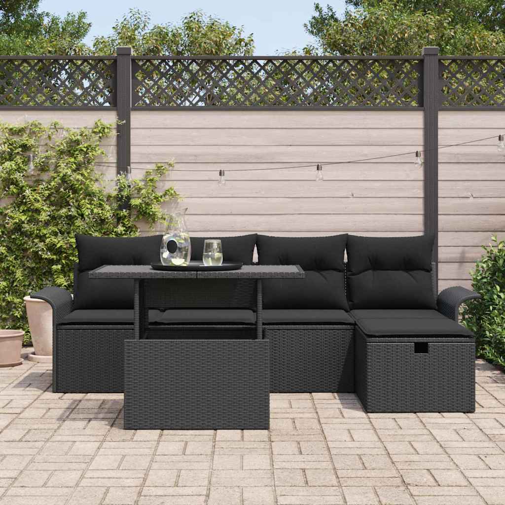 vidaXL 6-delige ligbedset met kussens zwart poly rattan