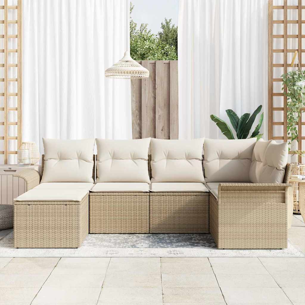 vidaXL 6-delige Tuinbankenset met kussens poly rattan beige