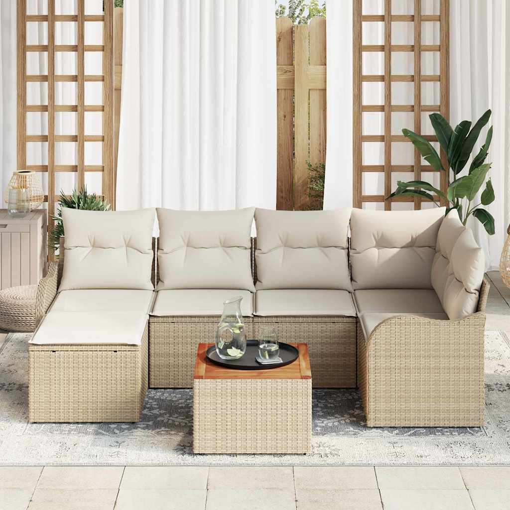 vidaXL 7-delige tuinset met kussens in beige poly rattan en acacia.