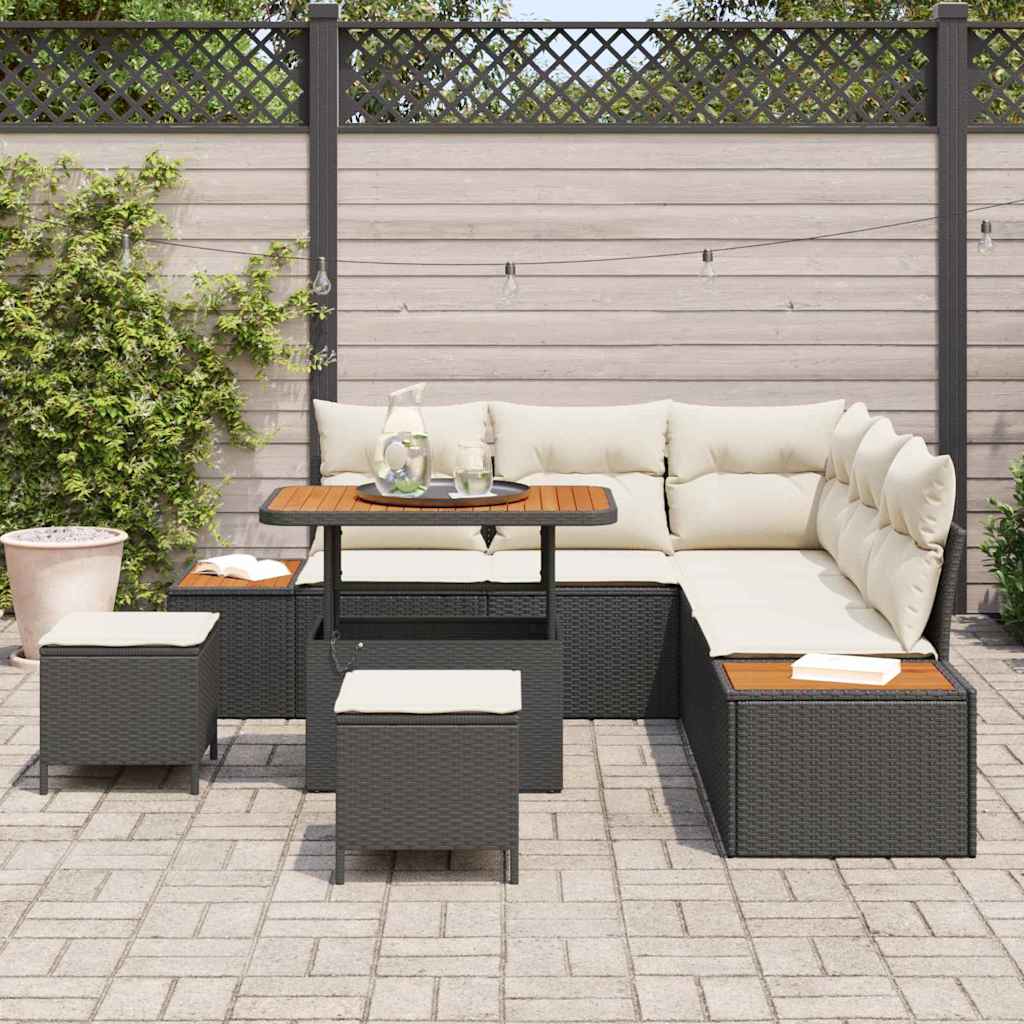 vidaXL 8-delige tuinbank set met kussens, zwart poly rattan en acacia
