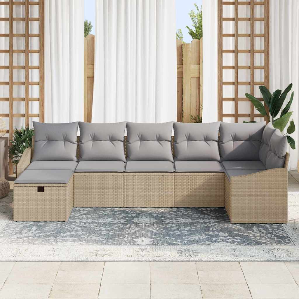 vidaXL 7-delige tuinbankset met kussens in beige poly riet
