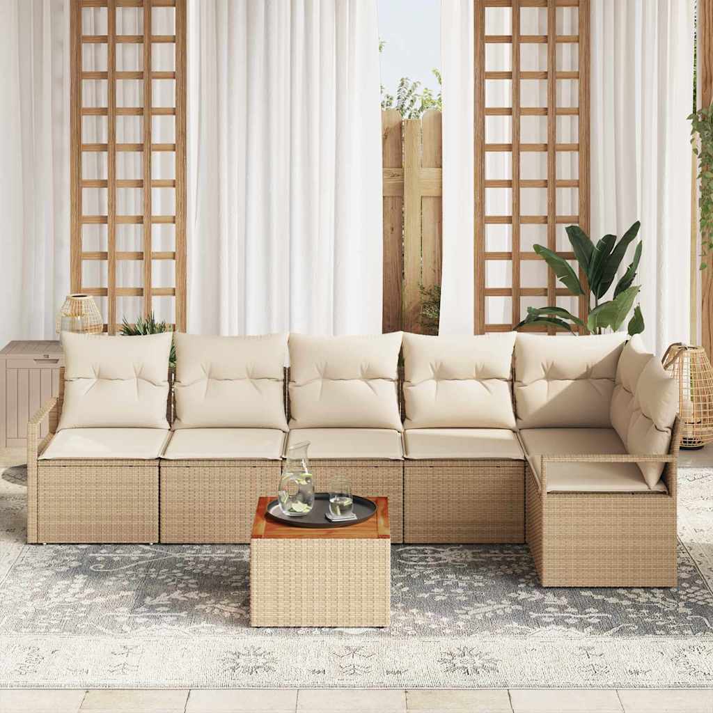 vidaXL 7-delige tuinsofa set met beige kussens van poly rattan en acacia.