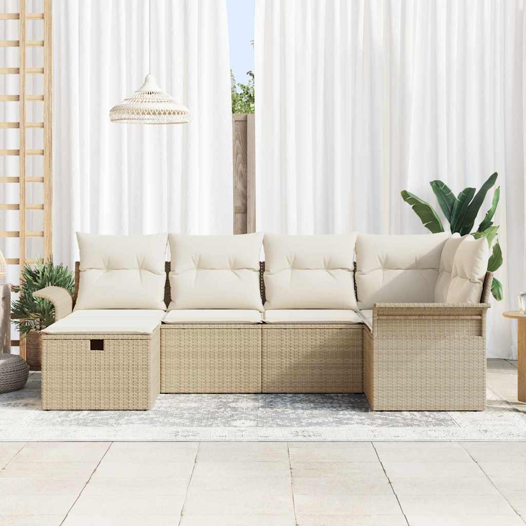 vidaXL 6-delige tuinbankset met kussens in het beige poly rattan