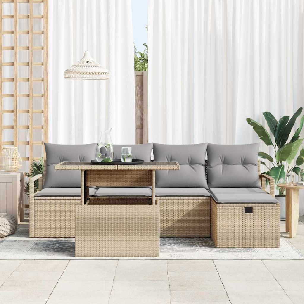 vidaXL 6-delige Tuinbankenset met kussens poly rattan beige