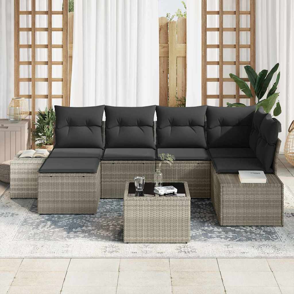 vidaXL 7-delige Tuinbankenset met kussens poly rattan grijs