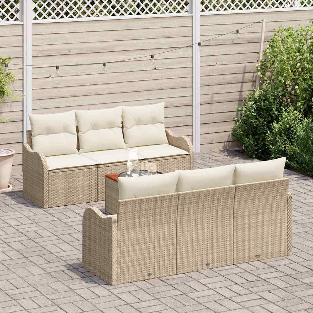 vidaXL 7-delige tuinset met kussens in beige poly riet en acacia.
