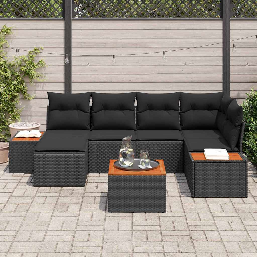 vidaXL 7-delige tuinset met kussens - zwart poly rattan, acacia