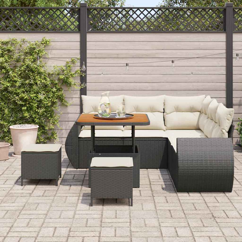 vidaXL 8-delige tuinset met kussens, zwart poly rattan en acacia