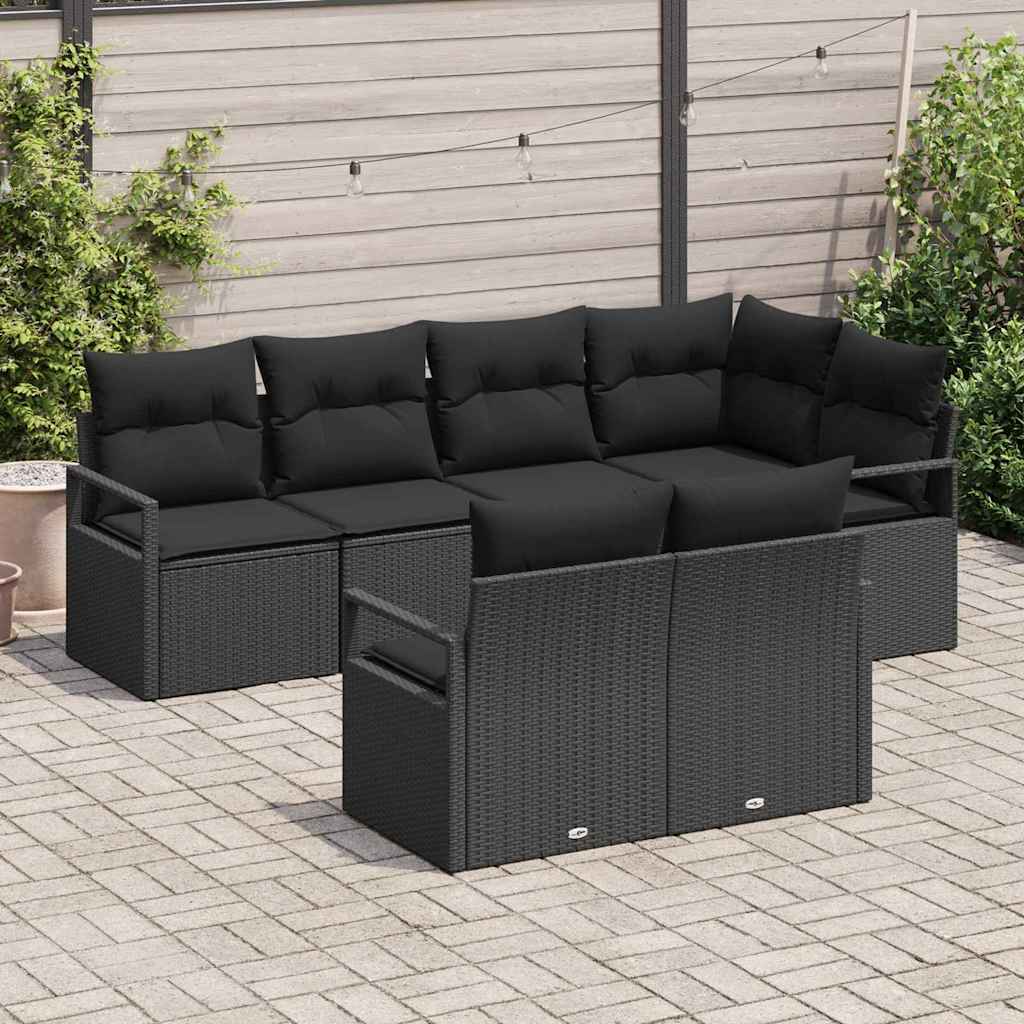 vidaXL 7-delige tuinset met kussens zwart poly rattan