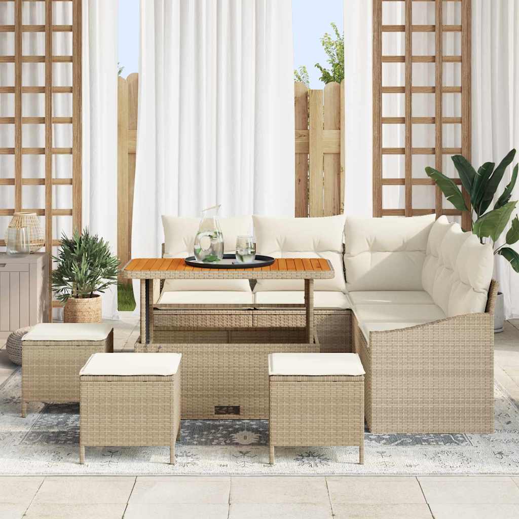 vidaXL 9-delige tuinsofa set met kussens in beige poly rattan en acacia
