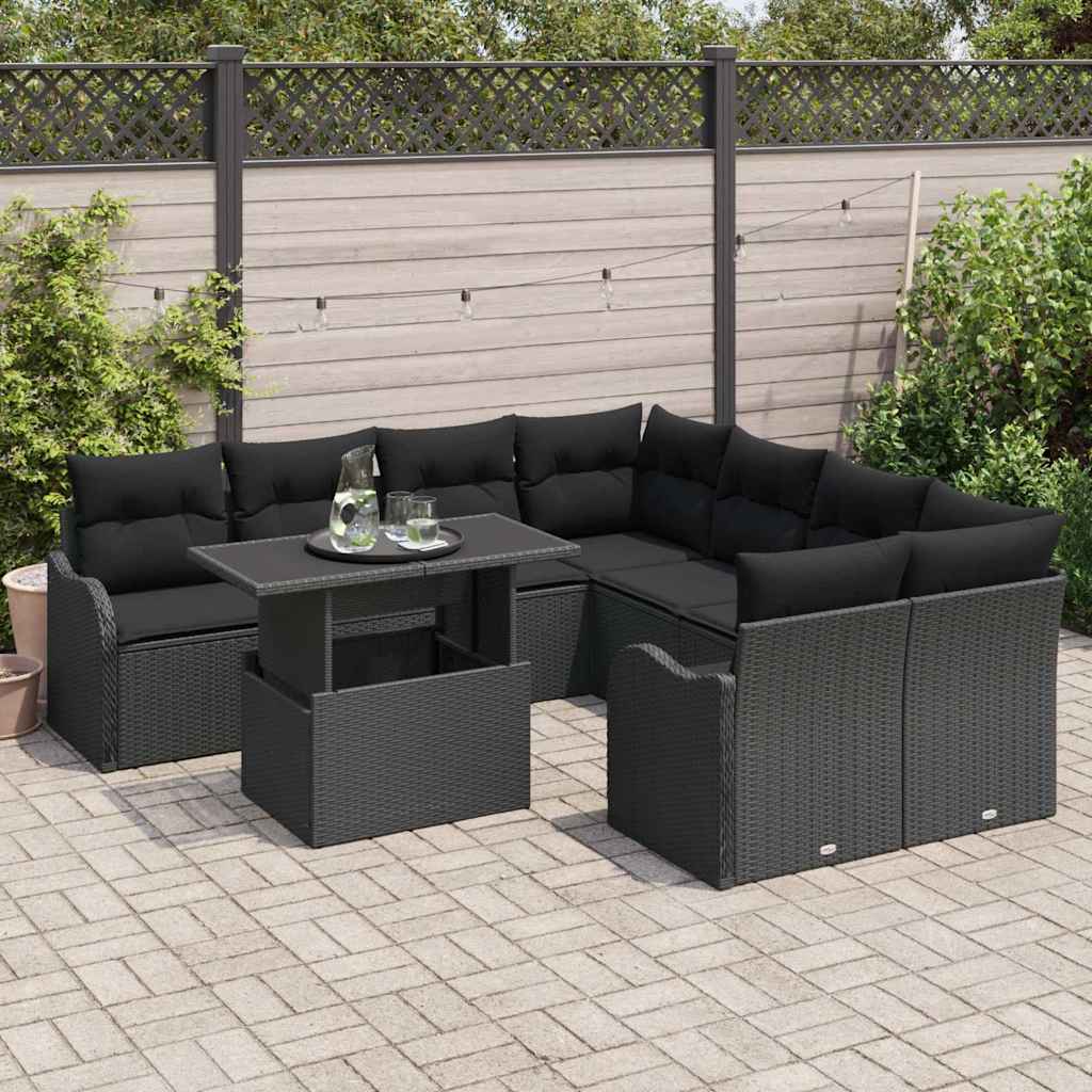 vidaXL 9-delige tuinset met kussens zwart poly rattan