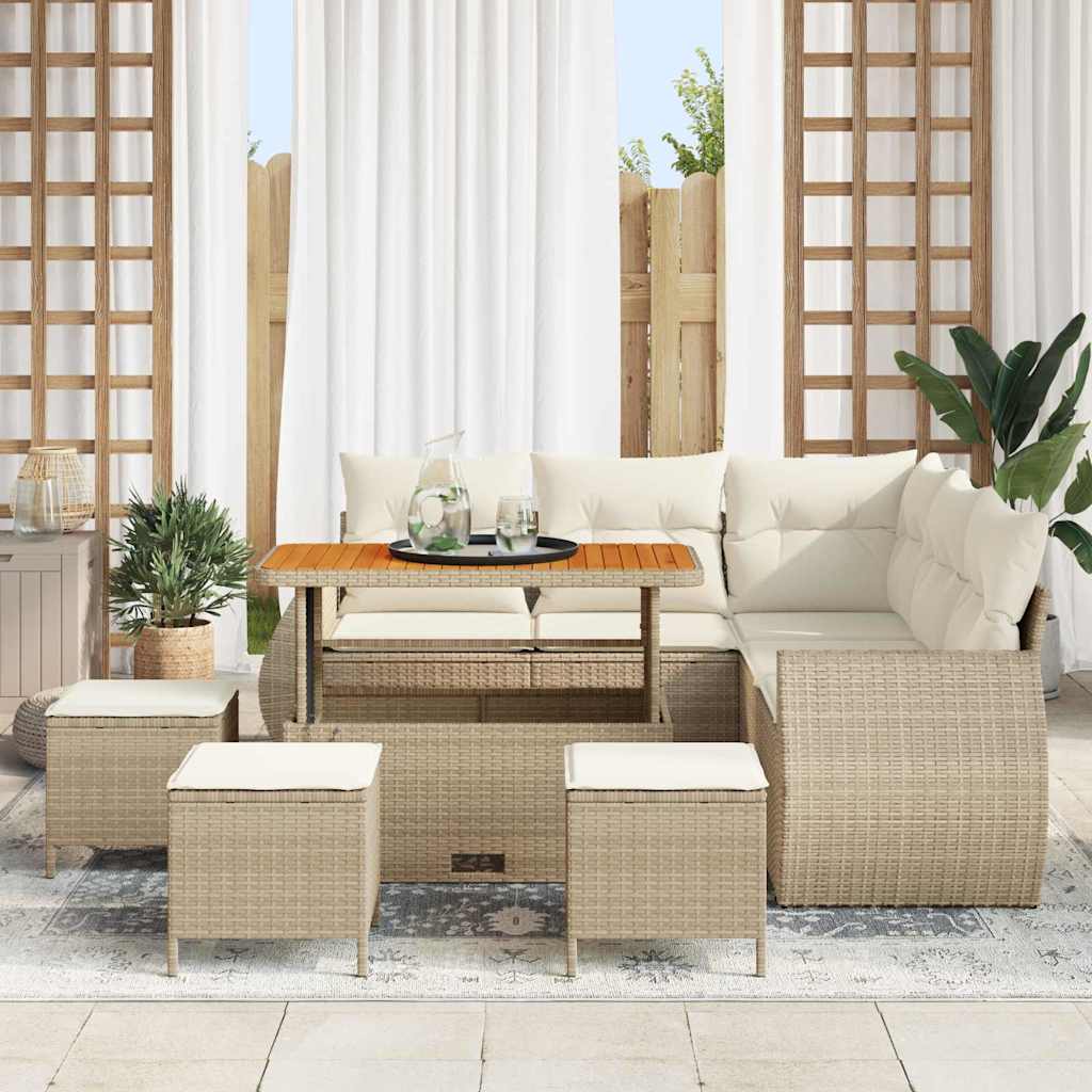 vidaXL 9-delige tuinsofa set met kussens in beige van poly riet en acacia