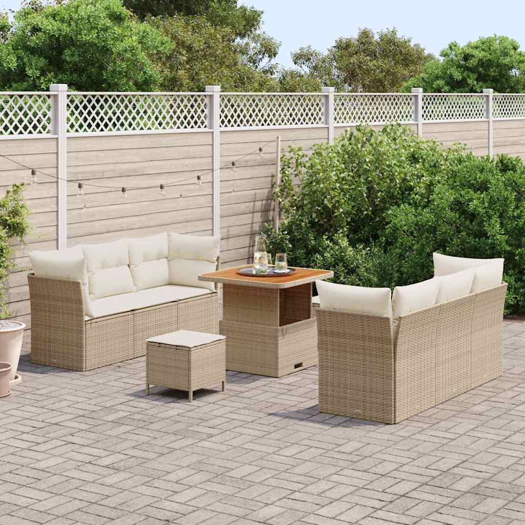 vidaXL 9-delige tuinbank set met kussens in beige poly rattan en acacia.
