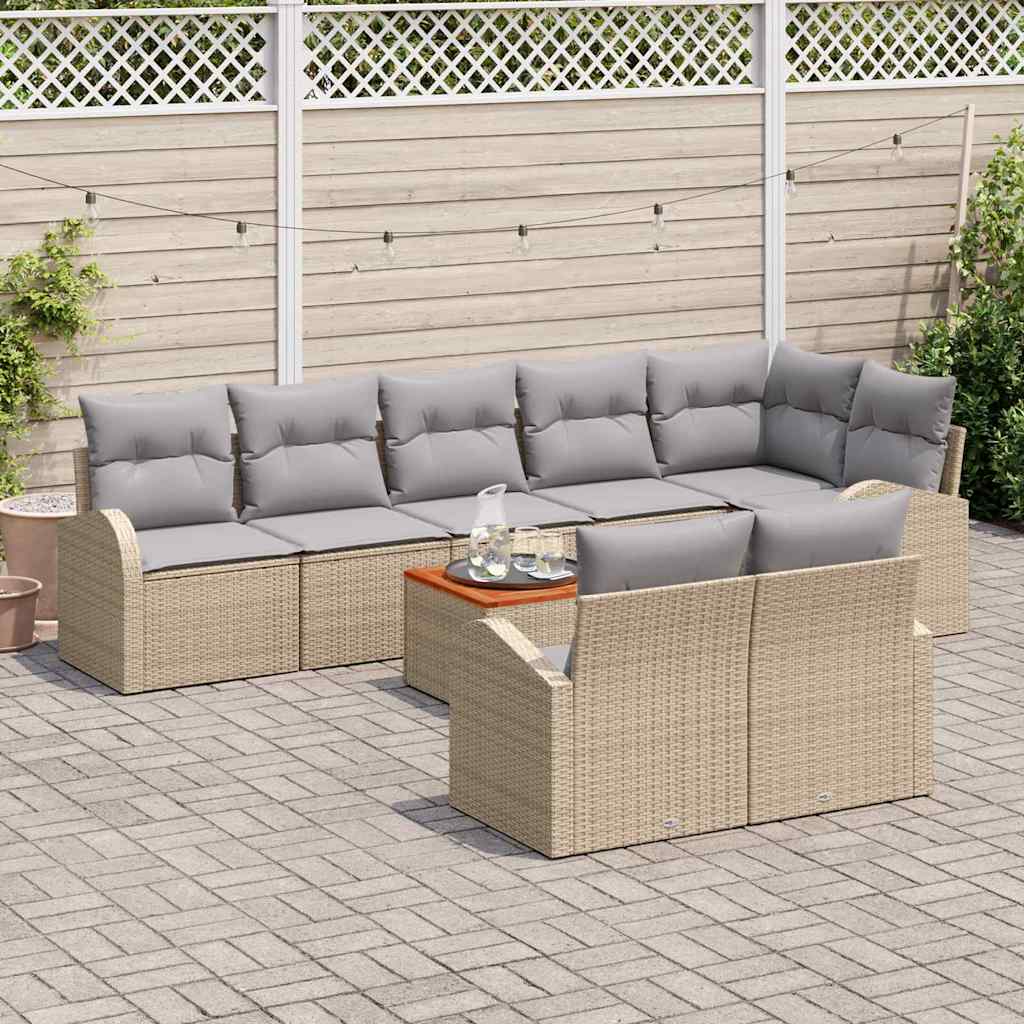 vidaXL 9-delige tuinsofa set met kussens in beige van poly rattan en acacia