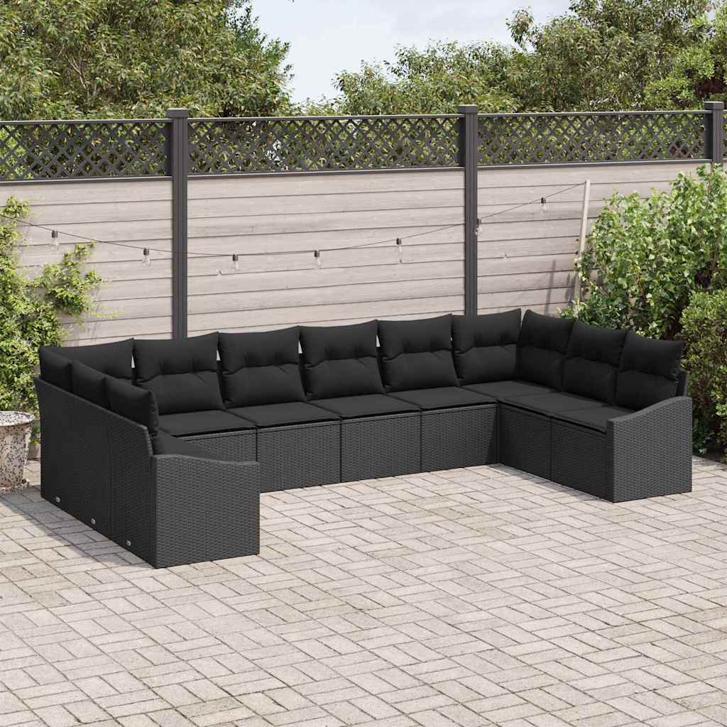 vidaXL 10-delige tuinset met kussens, zwart poly rattan