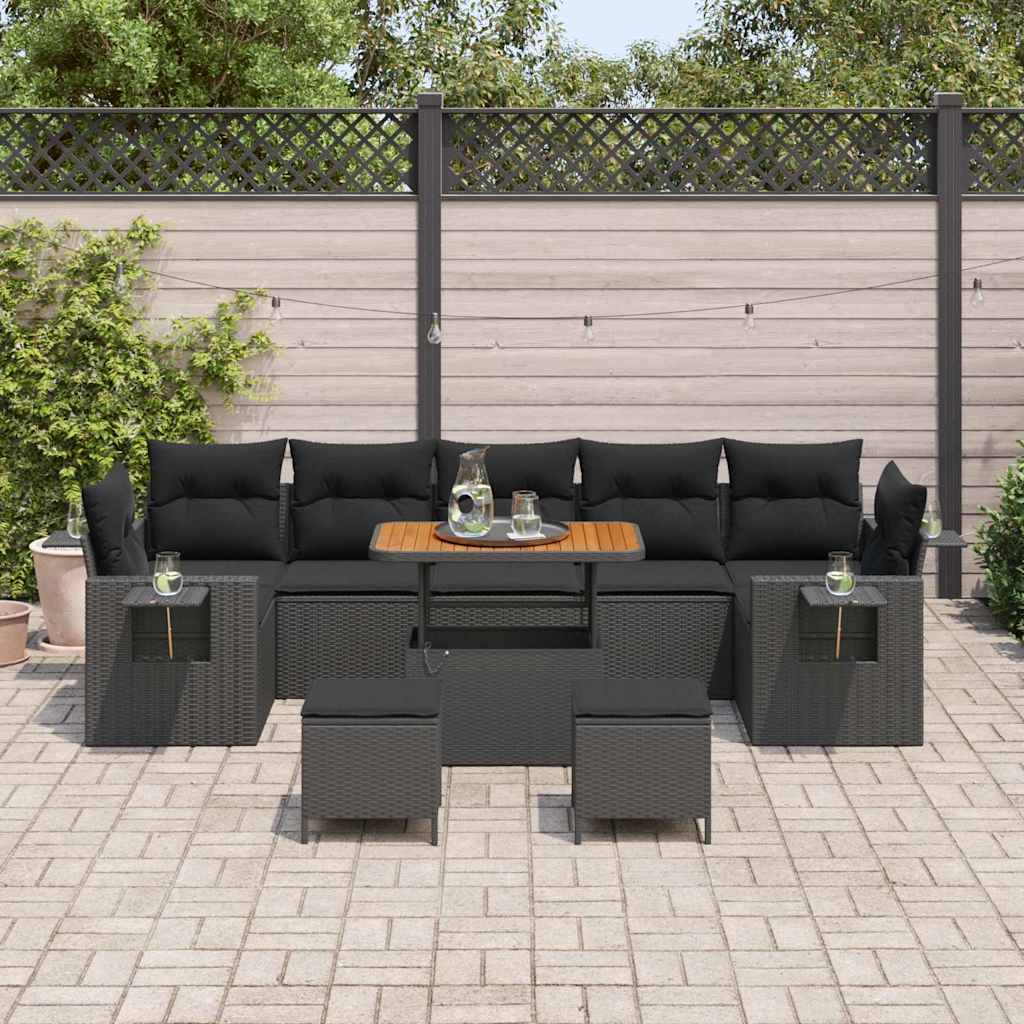 vidaXL 10-delige tuinset met kussens in het zwart van poly rattan en acacia