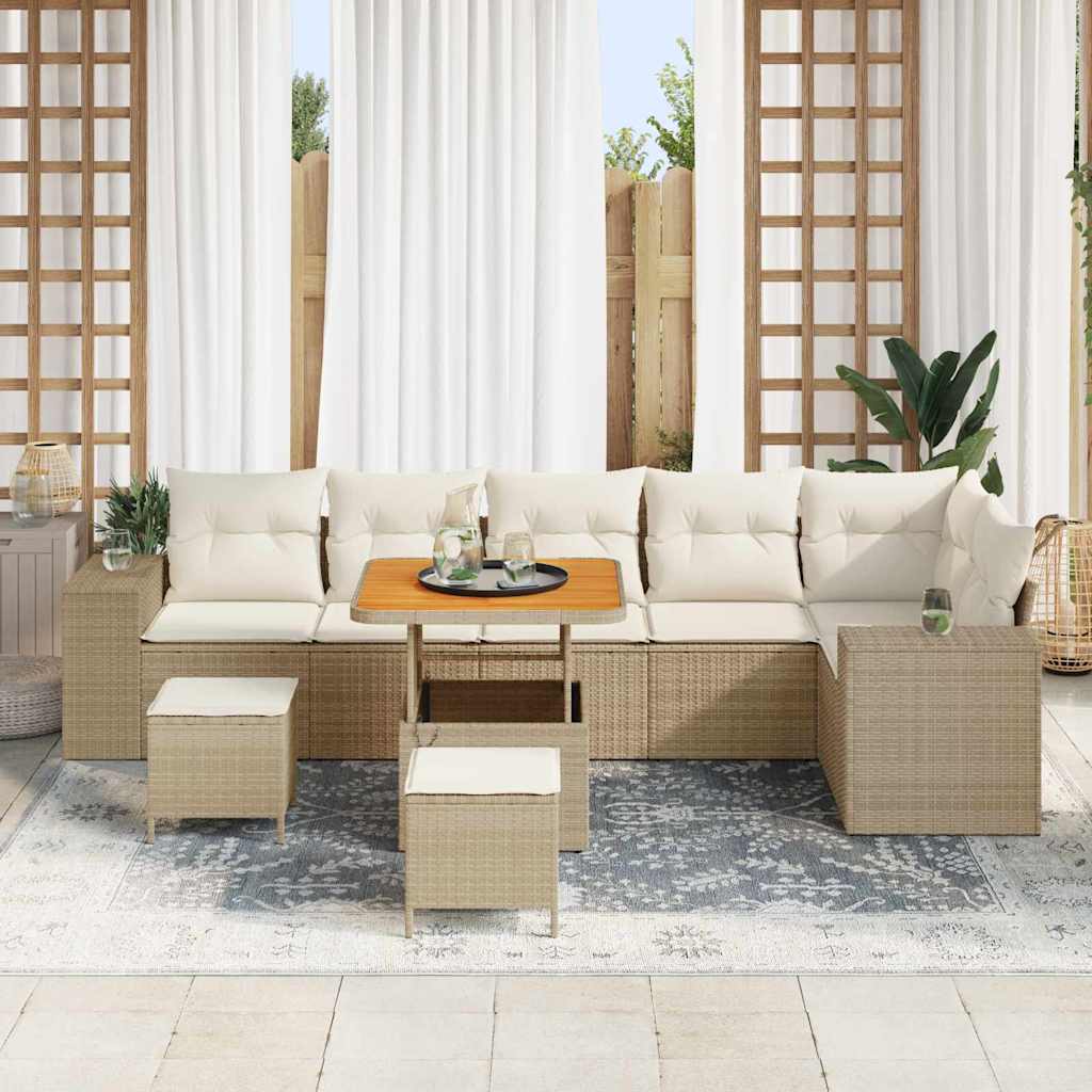 vidaXL 9-delige tuinset met kussens in beige poly rattan en acacia hout.