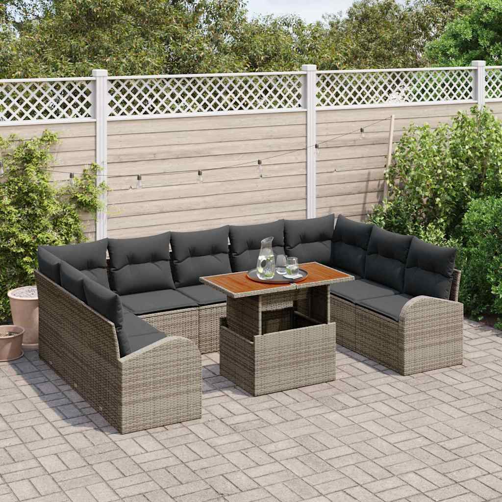 vidaXL 10-delige tuinsofa set met kussens in grijs poly rattan