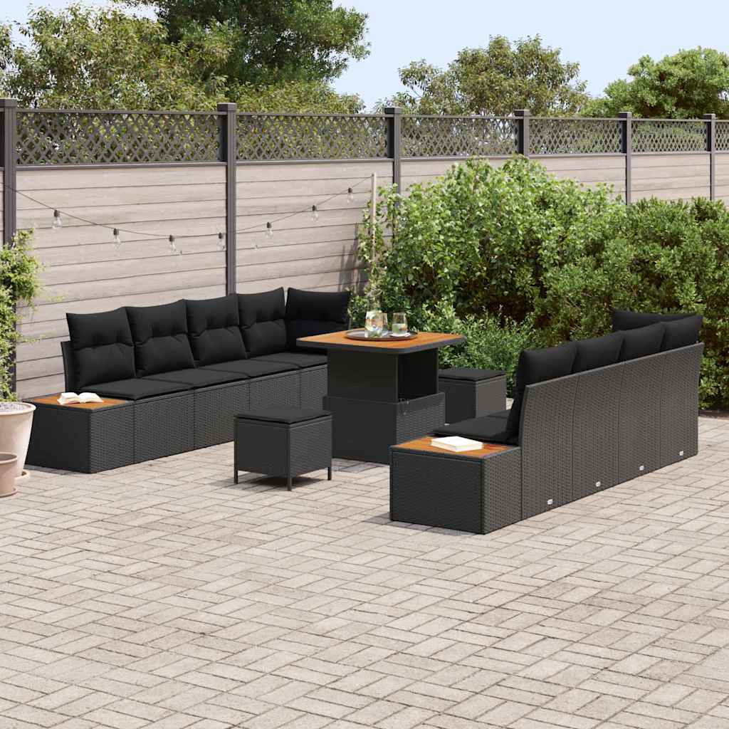 vidaXL 11-delige tuinbankset met kussens - zwart poly rattan en acacia.