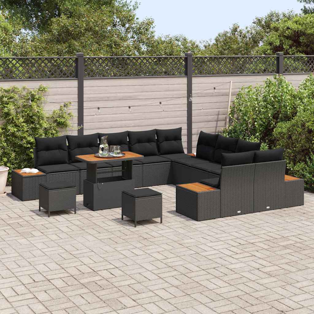 vidaXL 13-delige Tuinbankset met Kussens - Zwart Poly Rattan - Acacia Hout