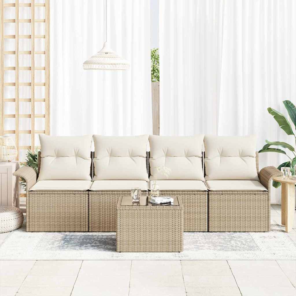 vidaXL 5-delige tuinset met kussens in beige poly riet
