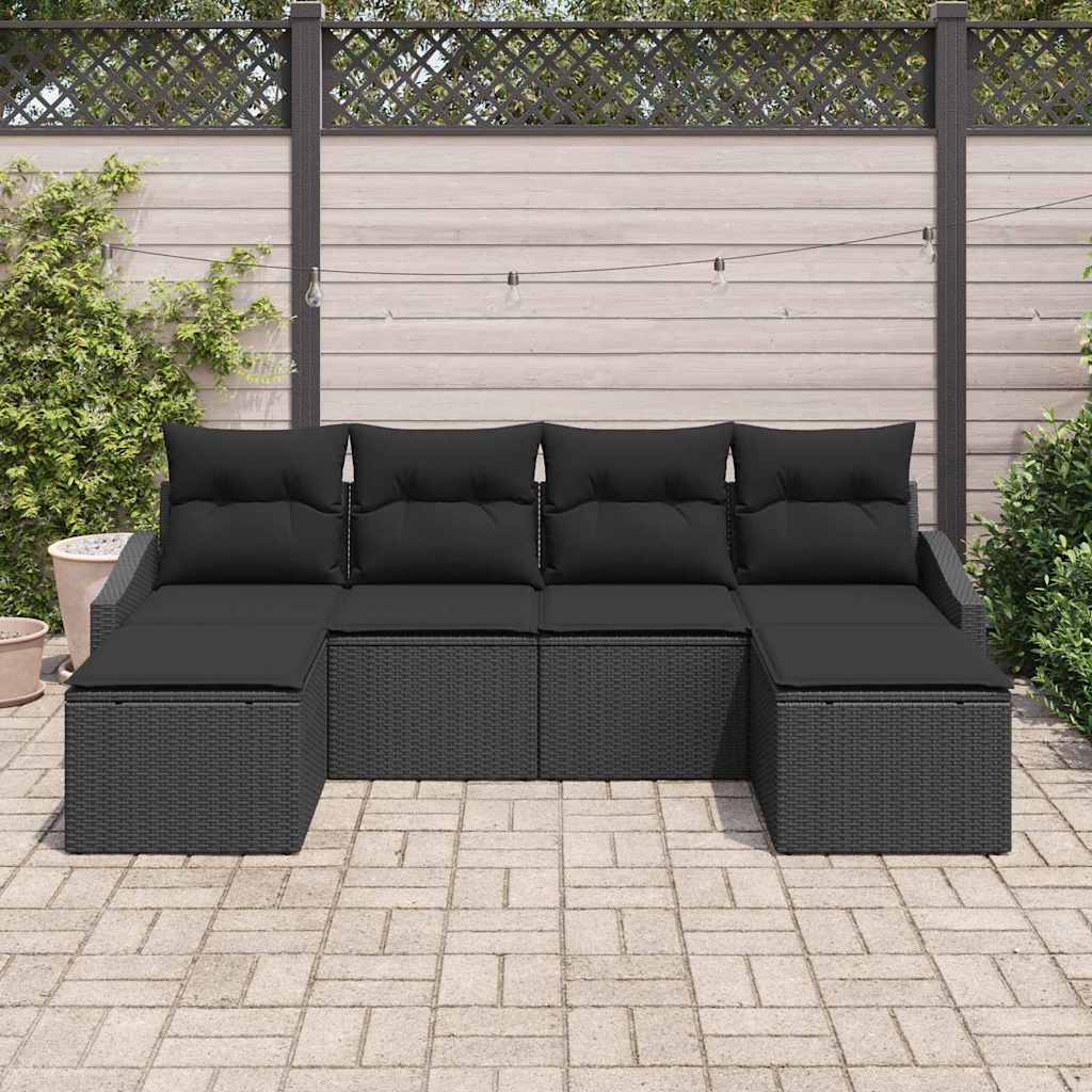vidaXL 6-delige tuin eetset met kussens in zwart poly rattan