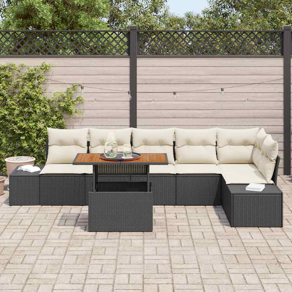 vidaXL 7-delige tuin eetset met kussens in zwart poly rattan en acacia