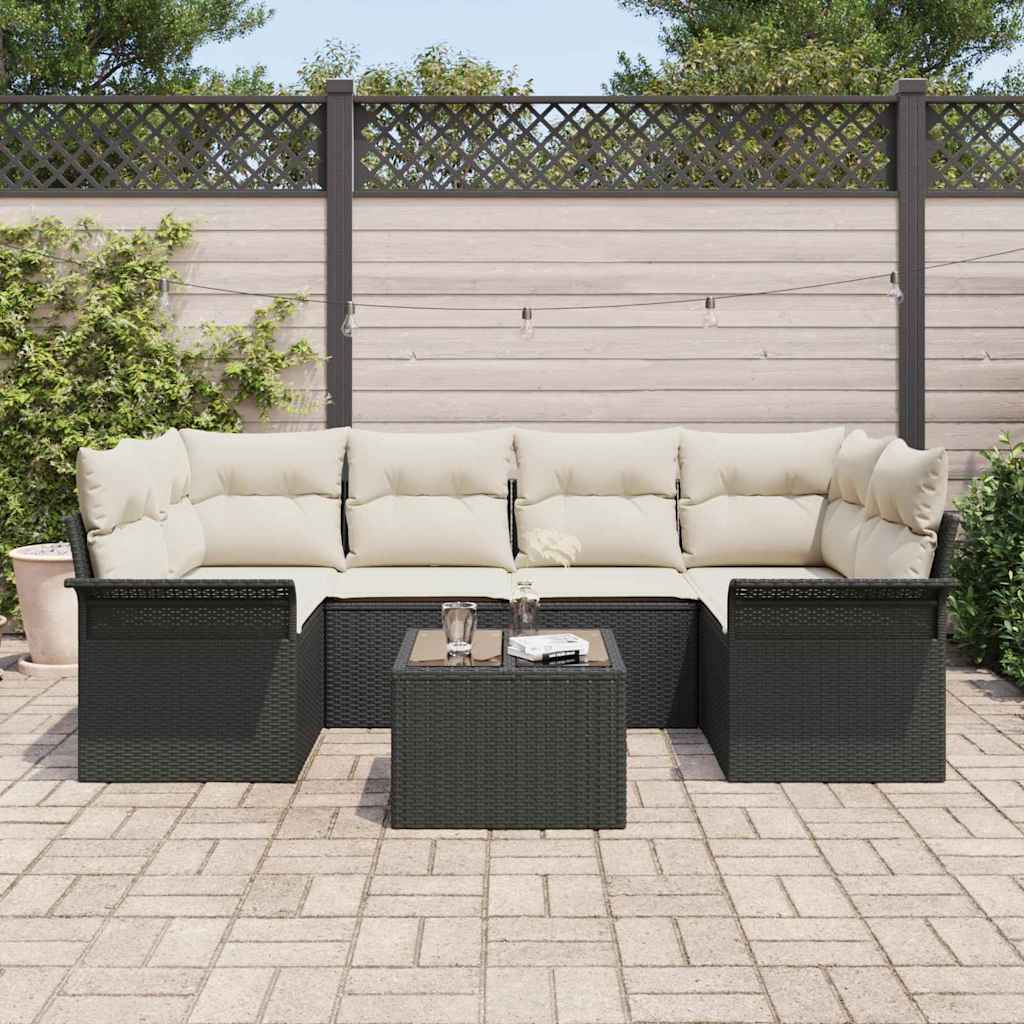 vidaXL 7-delige tuinset met kussens in zwart poly rattan