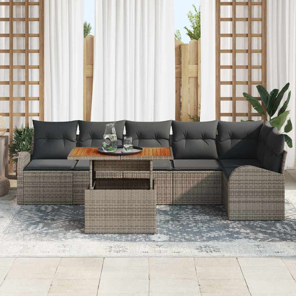 vidaXL 7-delige tuinset met kussens in grijs poly riet en acacia