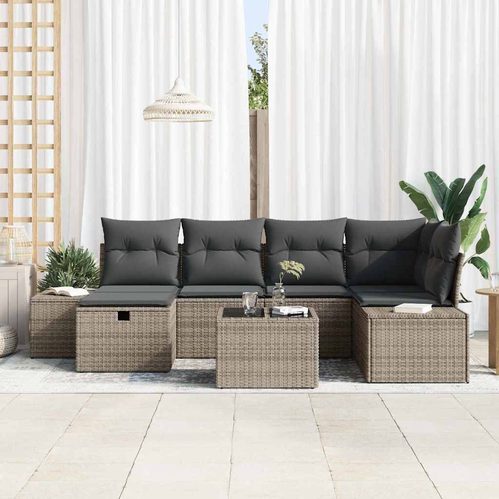 vidaXL 7-delige tuinbankset met kussens in grijs poly rattan