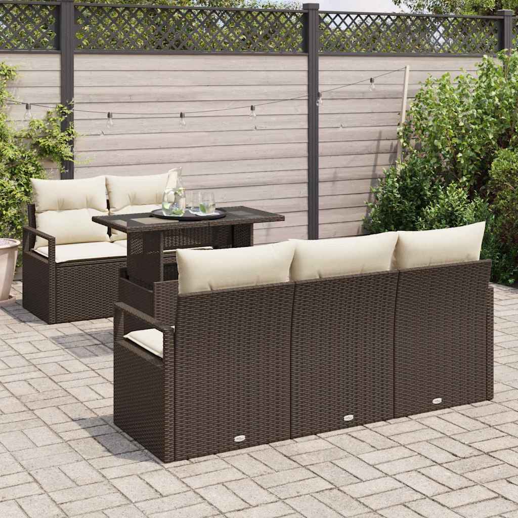 vidaXL 6 Delige Tuinbank Set met Kussens in Bruin Poly Riet