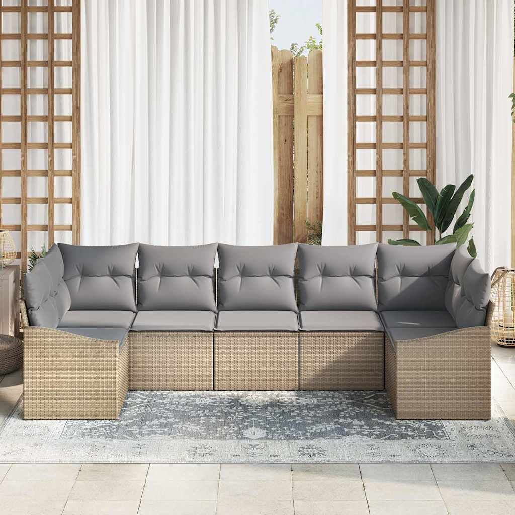 vidaXL 7-delige tuinset met kussens in beige poly rattan