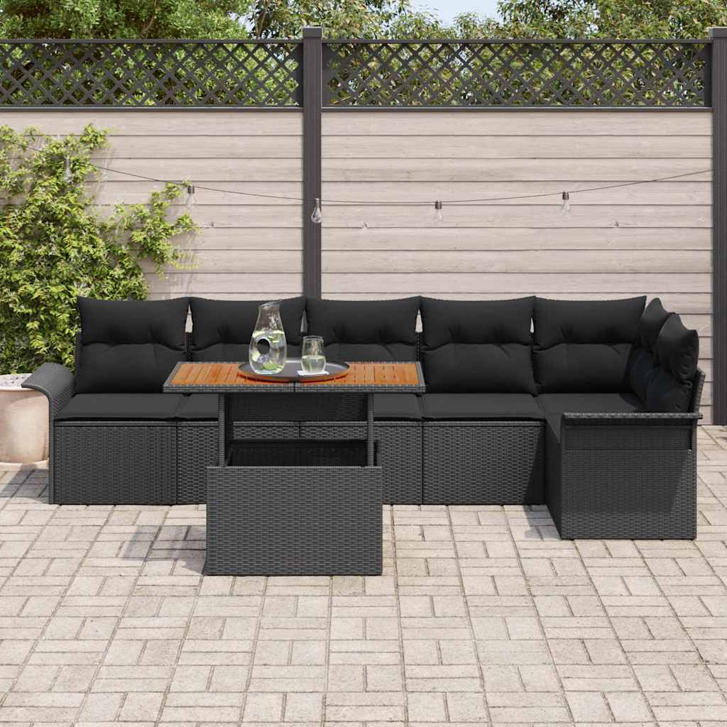 vidaXL 7-delige tuin eetset met kussens in zwart van poly rattan en acaciahout